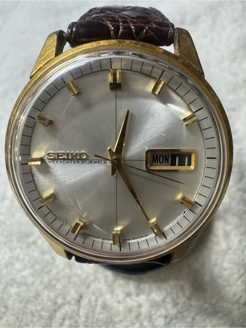 Seiko Gold Tone Weekdater Wristwatch - Silver Dial, Brown Strap